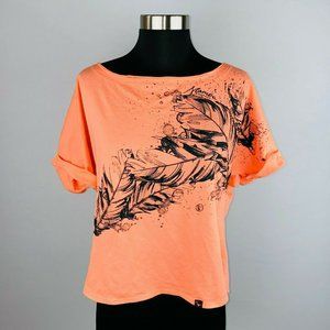 Mambo Womens Large L Orange Sweatshirt Cuffed Sleeves Feather Print Top
